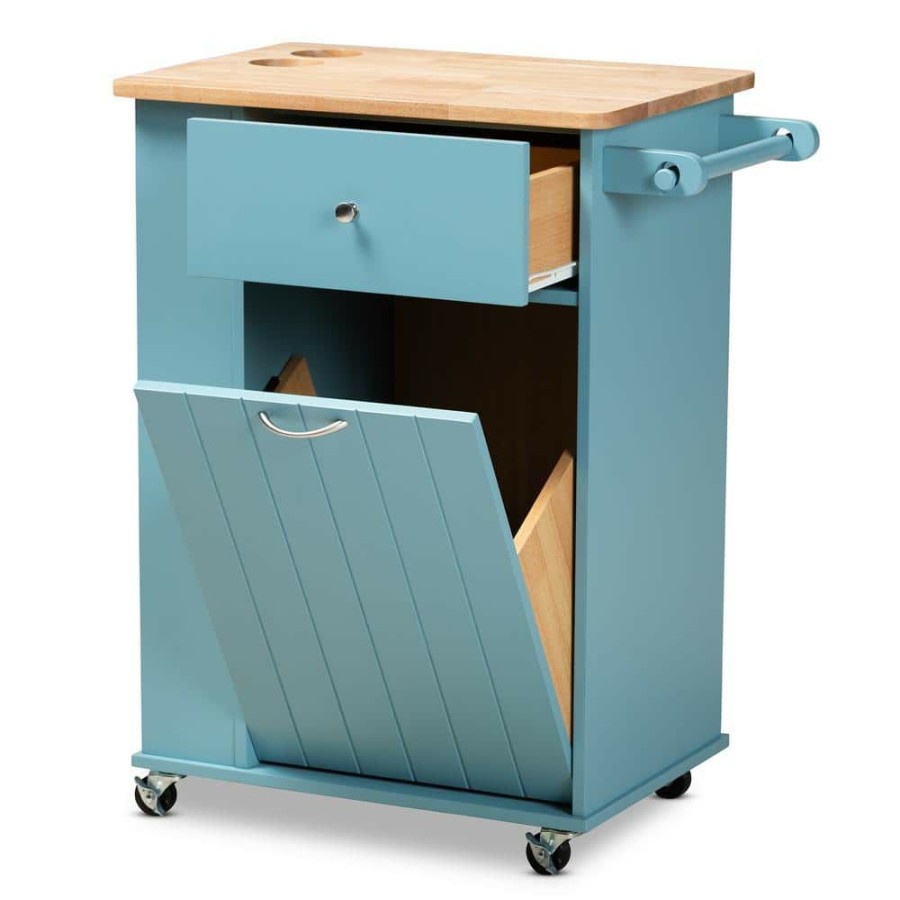 Living Room Furniture * | Liona Blue Kitchen Cart With Natural Wood Top By Baxton Studio