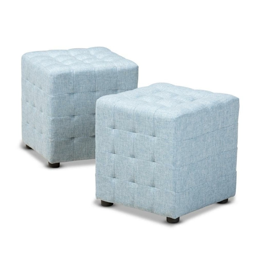 Living Room Furniture * | Elladio Light Blue Cube Ottoman Set By Baxton Studio