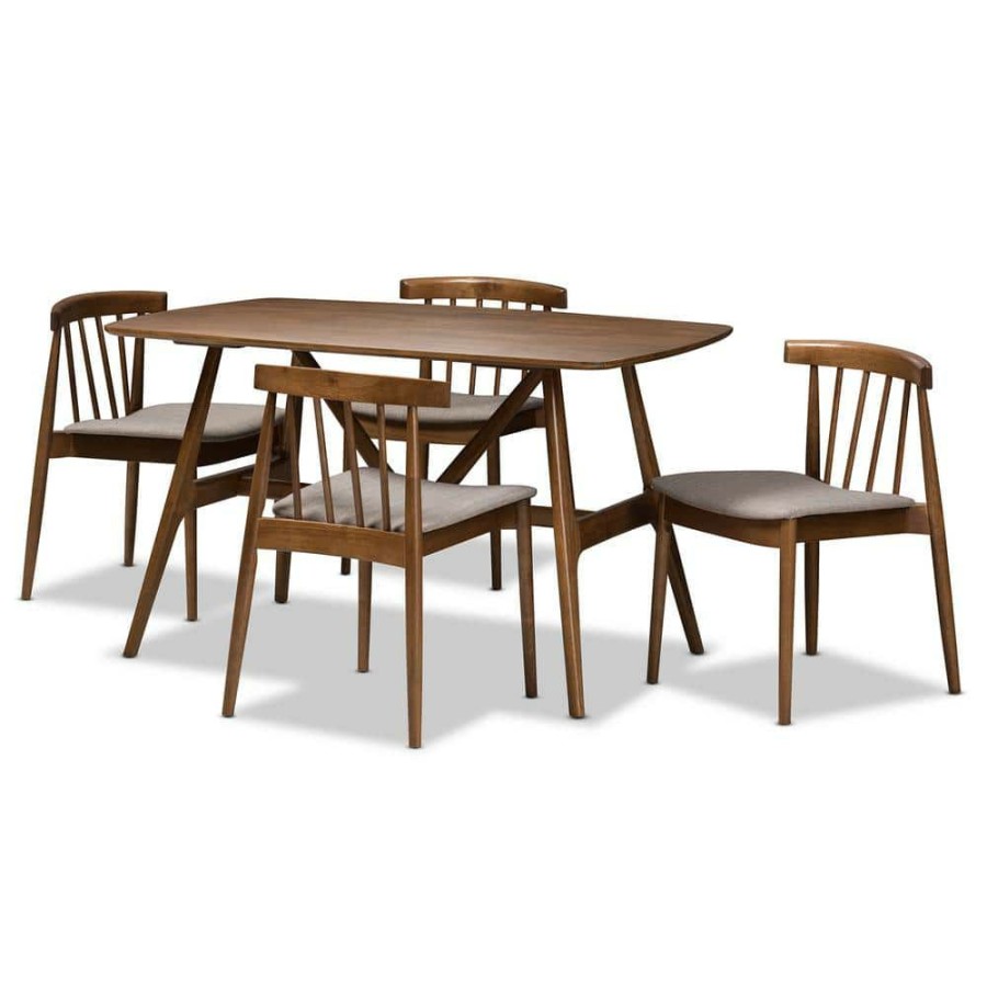 Living Room Furniture * | Wyatt 5-Piece Beige And Walnut Brown Dining Set By Baxton Studio