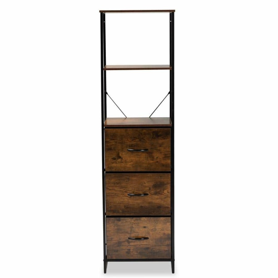 Living Room Furniture * | Hakan Walnut Brown And Black 3-Drawer Storage Cabinet With 3-Shelves By Baxton Studio