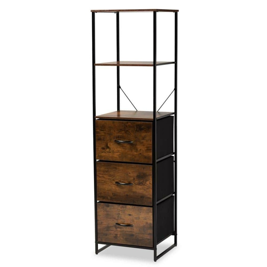 Living Room Furniture * | Hakan Walnut Brown And Black 3-Drawer Storage Cabinet With 3-Shelves By Baxton Studio