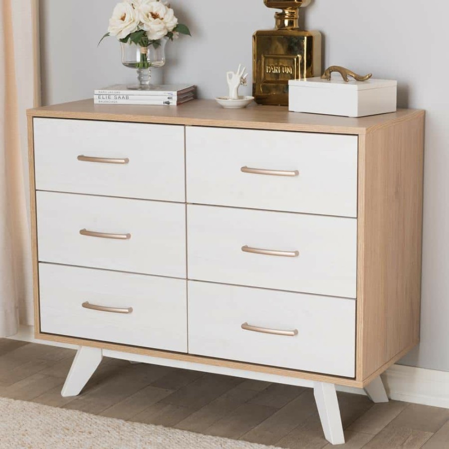 Bedroom Furniture * | Helena 6-Drawer Natural And Whitewash Dresser By Baxton Studio