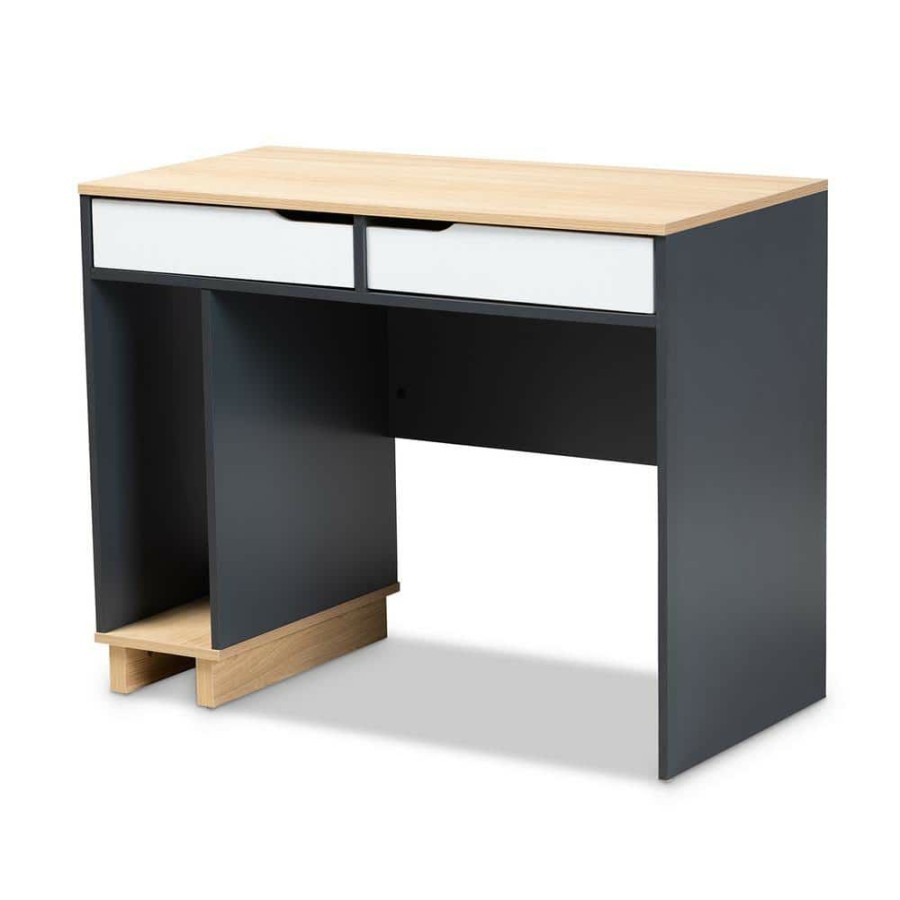 Bar Furniture * | 39.4 In. Gray Rectangular 2 -Drawer Computer Desk With Oak Top By Baxton Studio