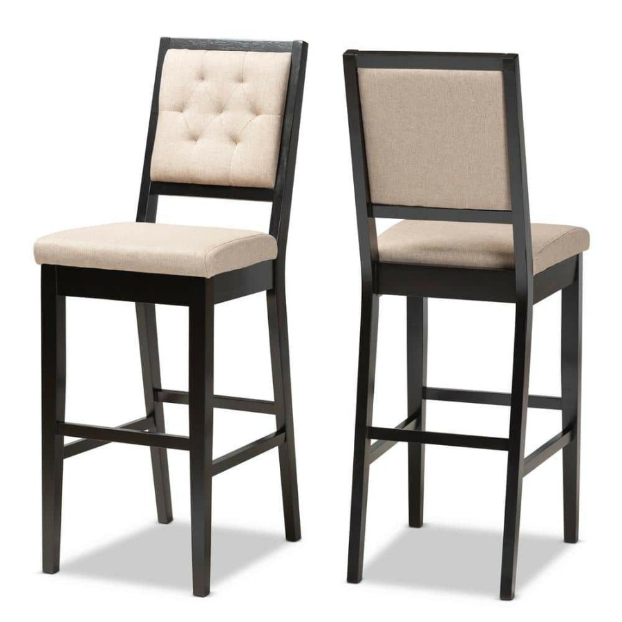 Bar Furniture * | Gideon 47.8 In. Sand And Dark Brown Low Back Wood Bar Height Bar Stool (Set Of 2) By Baxton Studio