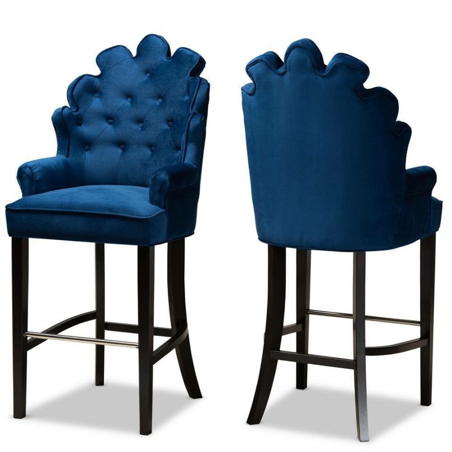 Bar Furniture * | Chloe 50.4 In. Navy Blue And Dark Brown Low Back Wood Bar Height Bar Stool By Baxton Studio