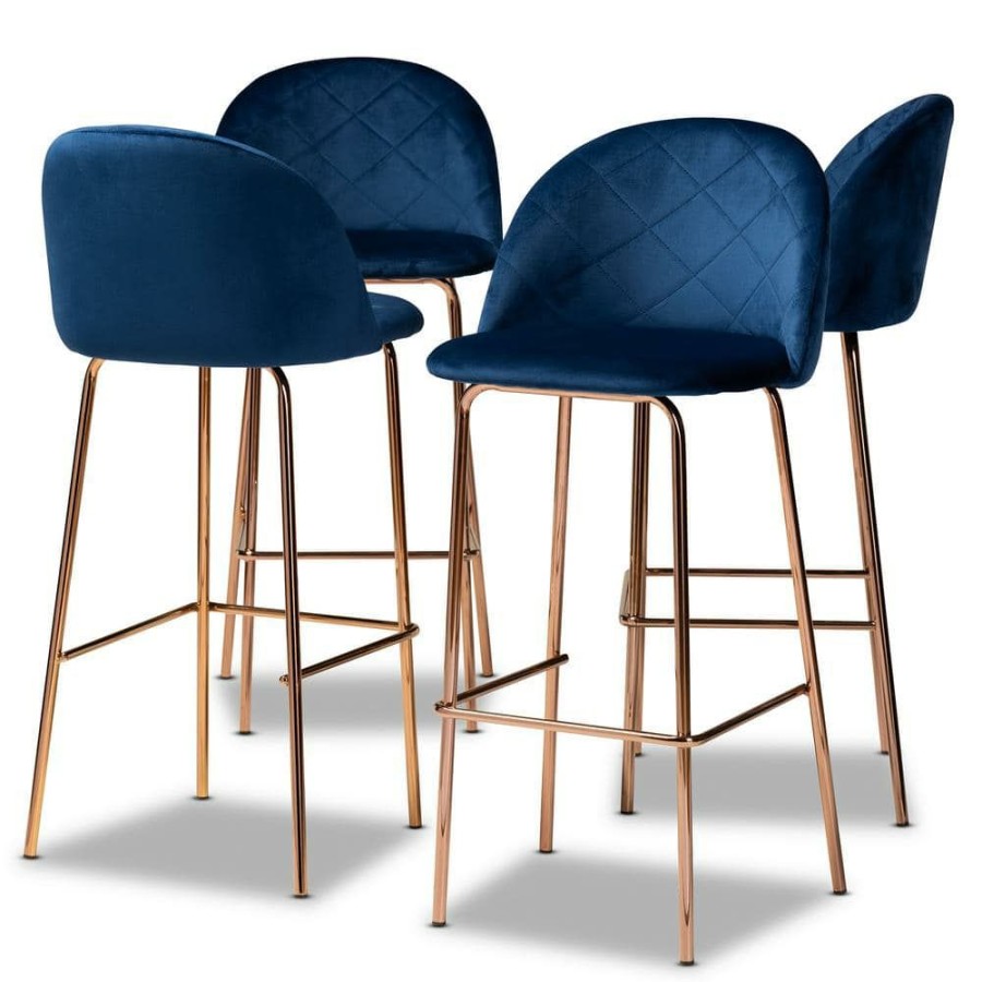 Bar Furniture * | Addie 30.3 In. Navy Blue And Rose Gold Bar Stool (Set Of 4) By Baxton Studio