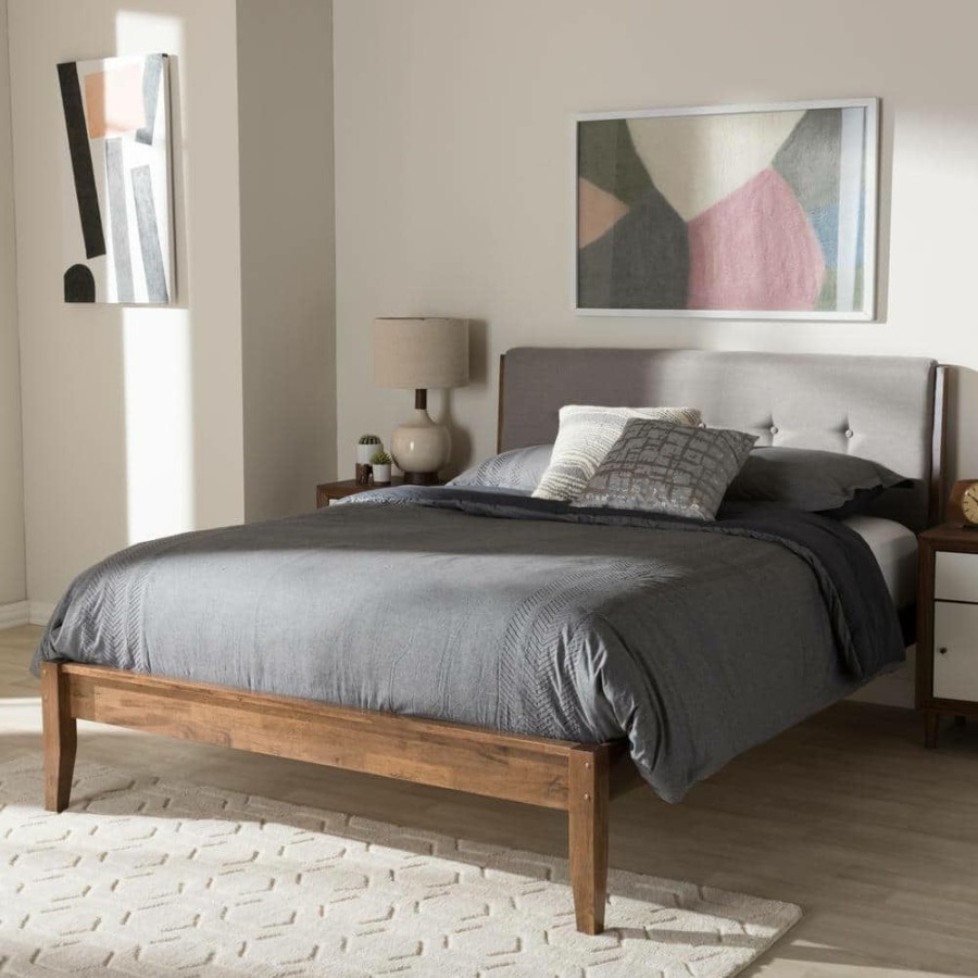 Bedroom Furniture * | Leyton Mid-Century Gray Fabric Upholstered King Size Bed By Baxton Studio