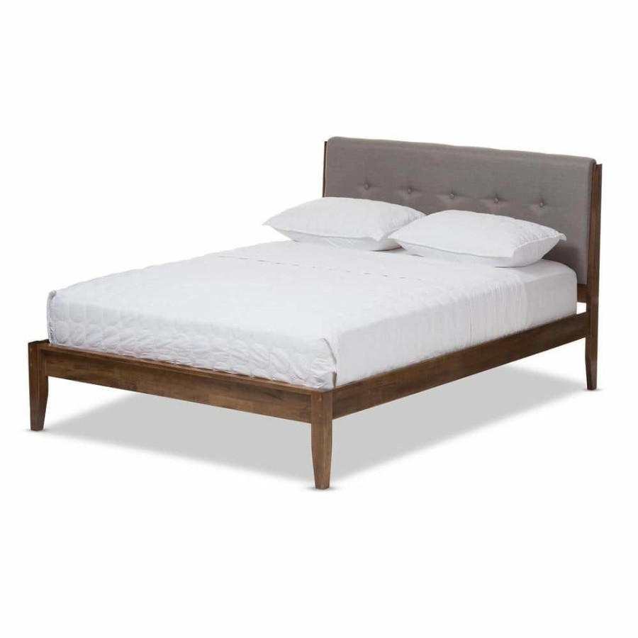 Bedroom Furniture * | Leyton Mid-Century Gray Fabric Upholstered King Size Bed By Baxton Studio