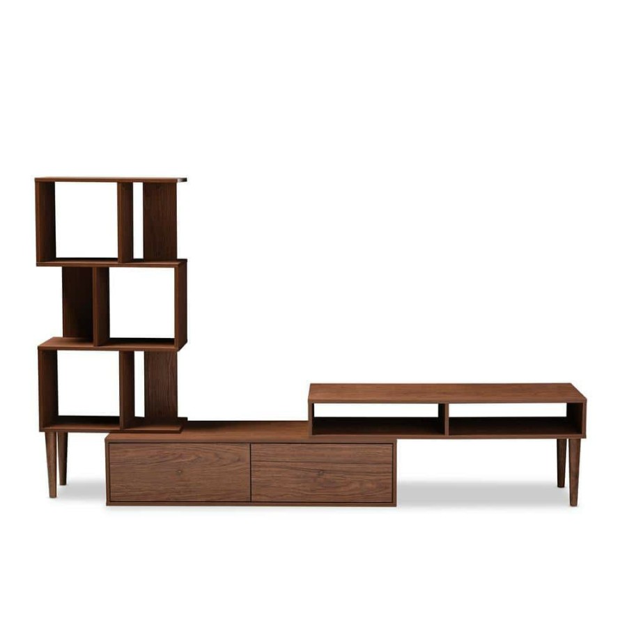 Living Room Furniture * | Haversham 84 In. Walnut Wood Entertainment Center With 2 Drawer Fits Tvs Up To 46 In. With Built-In Storage By Baxton Studio