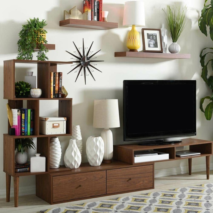 Living Room Furniture * | Haversham 84 In. Walnut Wood Entertainment Center With 2 Drawer Fits Tvs Up To 46 In. With Built-In Storage By Baxton Studio