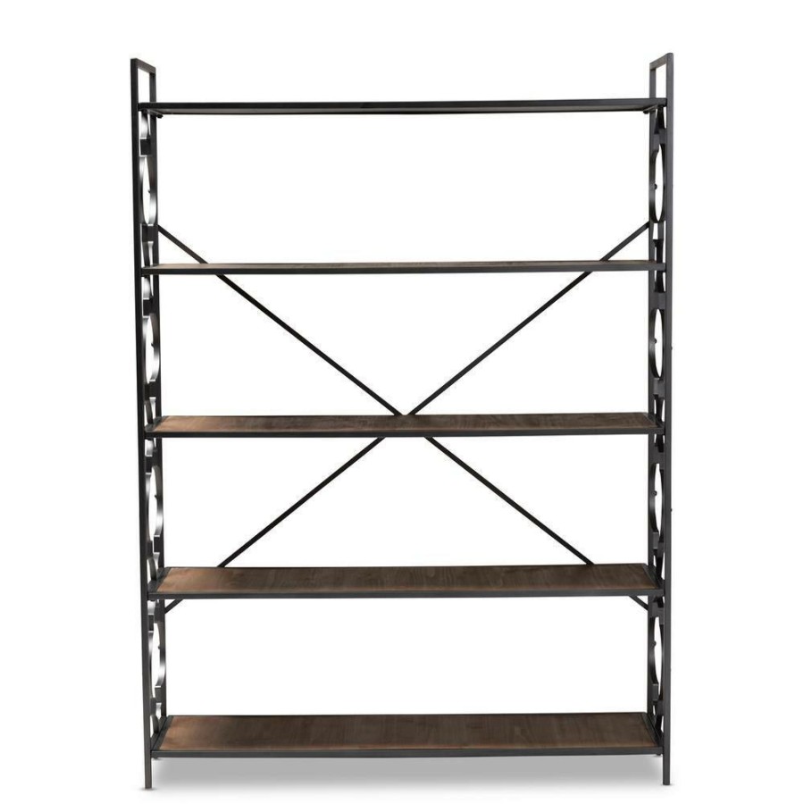 Bar Furniture * | 65 In. Natural Oak/Black Metal 5-Shelf Standard Bookcase With Open Back By Baxton Studio