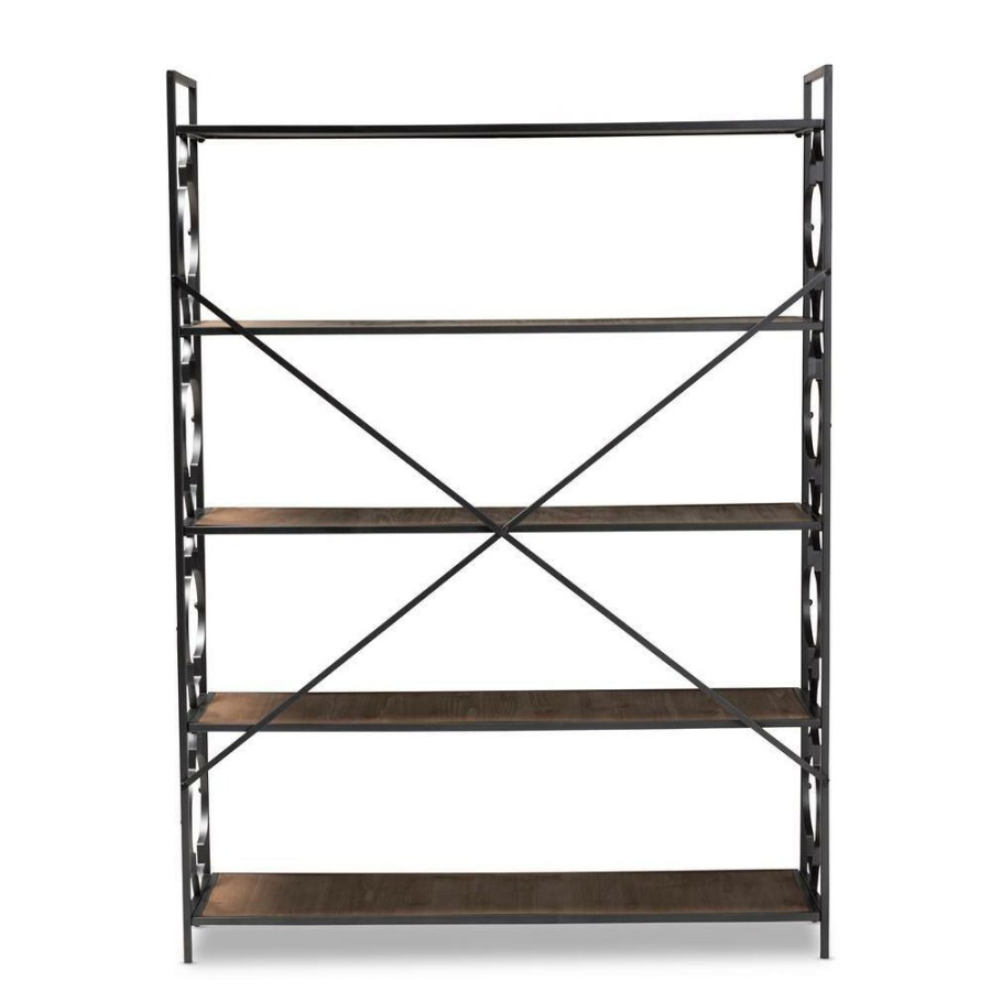 Bar Furniture * | 65 In. Natural Oak/Black Metal 5-Shelf Standard Bookcase With Open Back By Baxton Studio