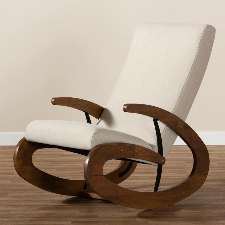 Entryway Furniture * | Kaira Light Beige And Walnut Fabric Rocking Chair By Baxton Studio