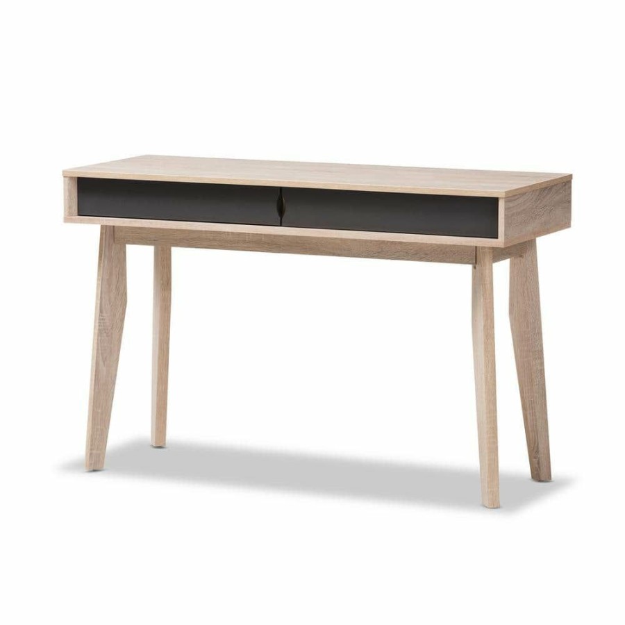 Bar Furniture * | 47.4 In. Light Brown Wood Rectangular 2 -Drawer Writing Desk With 2 -Tone Finish By Baxton Studio