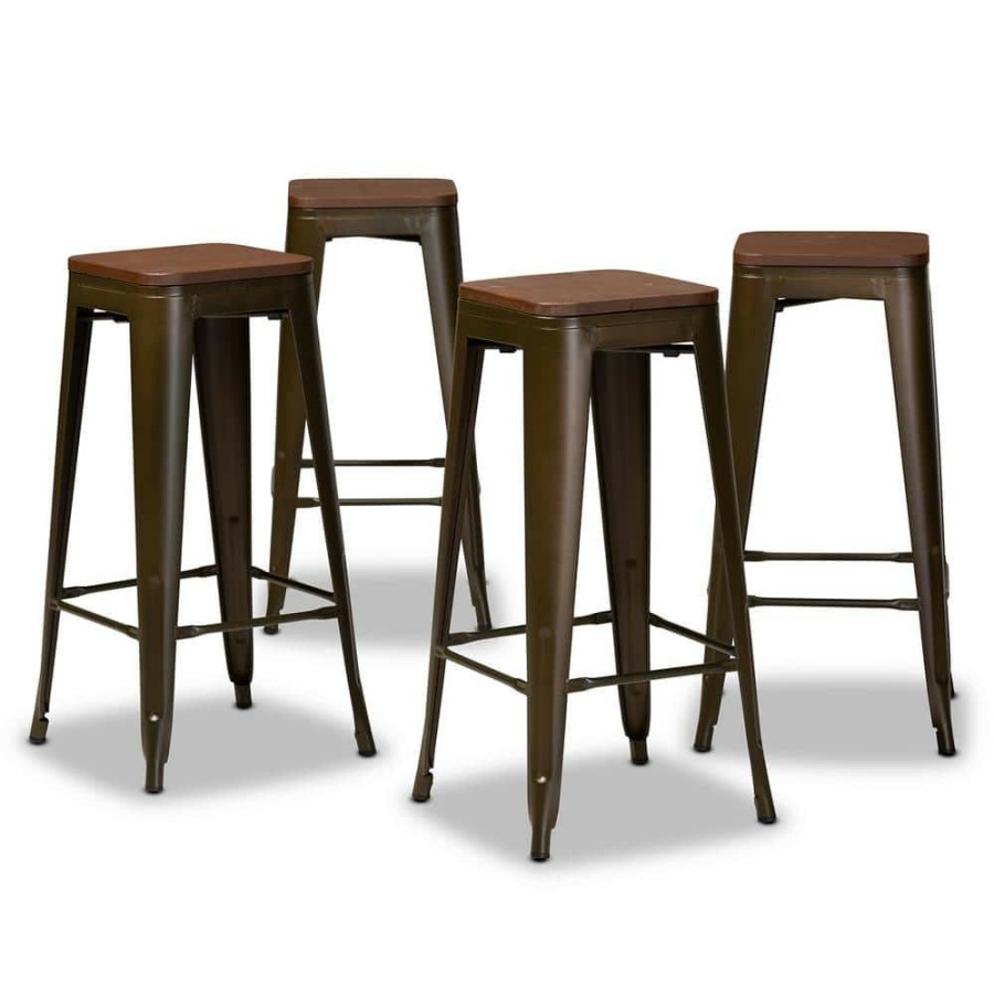 Bar Furniture * | Horton 30.3 In. Gunmetal And Walnut Brown Backless Metal Bar Height Bar Stool With Wood Seat (Set Of 4) By Baxton Studio