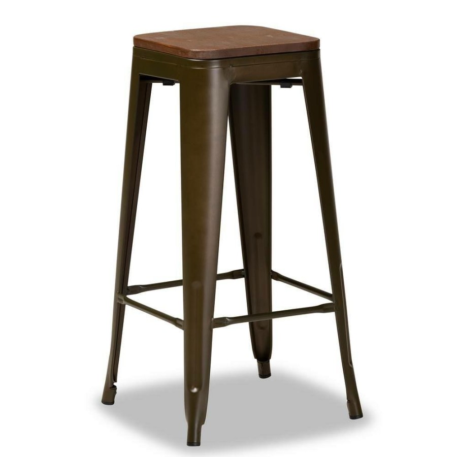 Bar Furniture * | Horton 30.3 In. Gunmetal And Walnut Brown Backless Metal Bar Height Bar Stool With Wood Seat (Set Of 4) By Baxton Studio