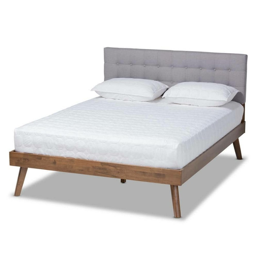 Bedroom Furniture * | Devan Light Grey And Walnut King Platform Bed By Baxton Studio