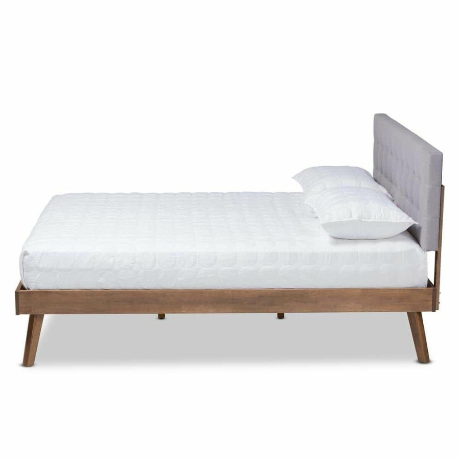 Bedroom Furniture * | Devan Light Grey And Walnut King Platform Bed By Baxton Studio