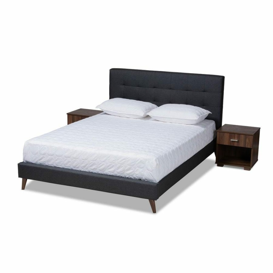 Bedroom Furniture * | Maren Charcoal And Walnut Full Platform Bed With 2-Nightstands By Baxton Studio