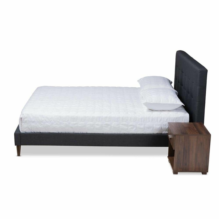 Bedroom Furniture * | Maren Charcoal And Walnut Full Platform Bed With 2-Nightstands By Baxton Studio