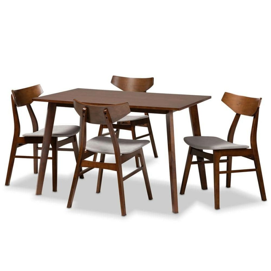 Living Room Furniture * | 5-Piece Lois Light Grey And Walnut Brown Dining Set By Baxton Studio