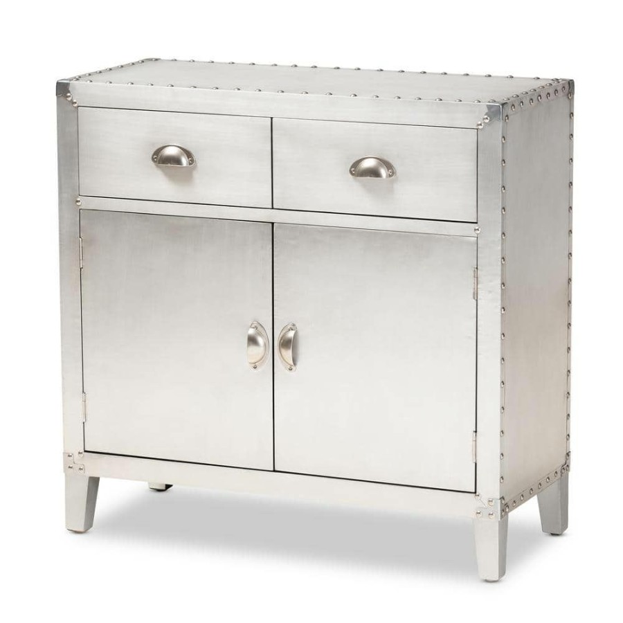 Living Room Furniture * | Romain Silver Storage Cabinet With 2-Drawers By Baxton Studio