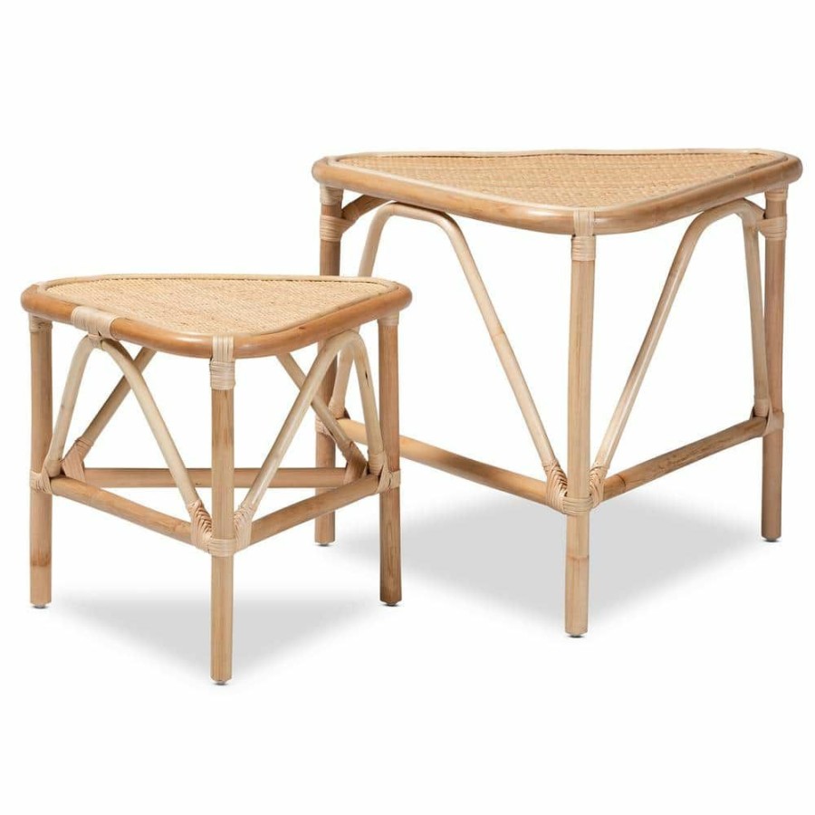 Living Room Furniture * | Jayden 25.6 In. Natural Brown Triangle Rattan End Table With 2-Pieces By Baxton Studio