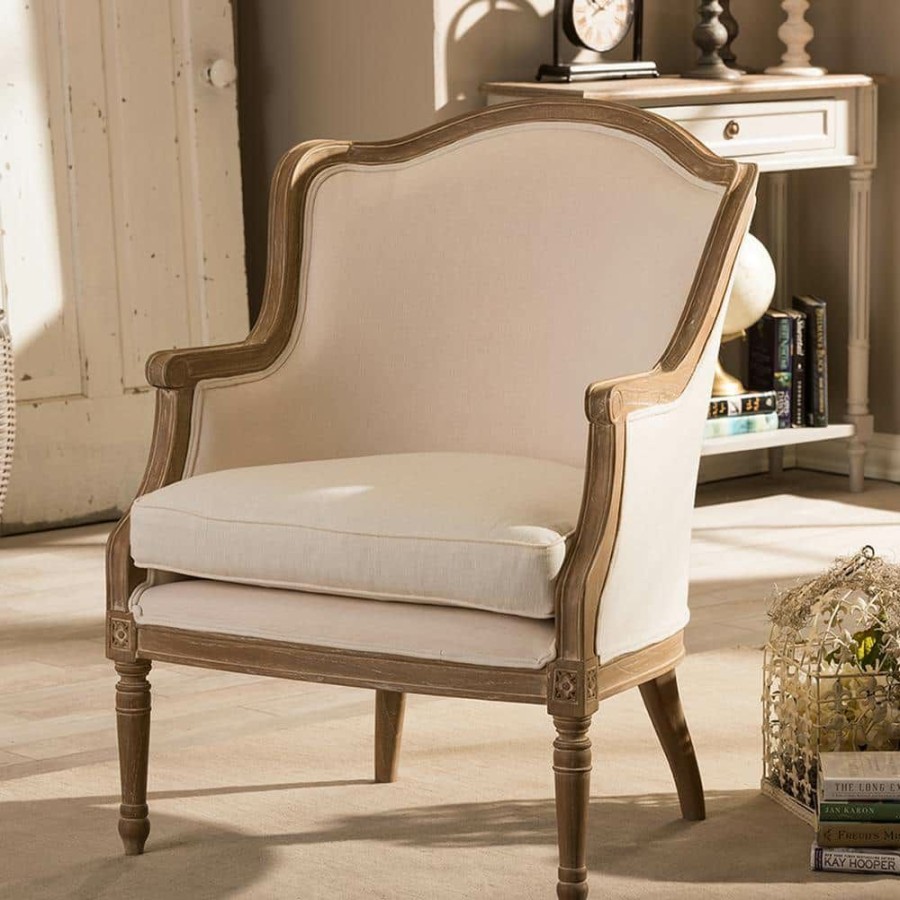 Living Room Furniture * | Charlemagne Beige And Brown Fabric Upholstered Accent Chair By Baxton Studio