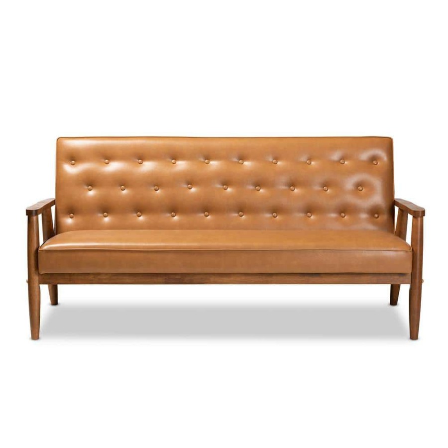 Living Room Furniture * | Sorrento 3-Seat Tan And Walnut Brown Sofa By Baxton Studio