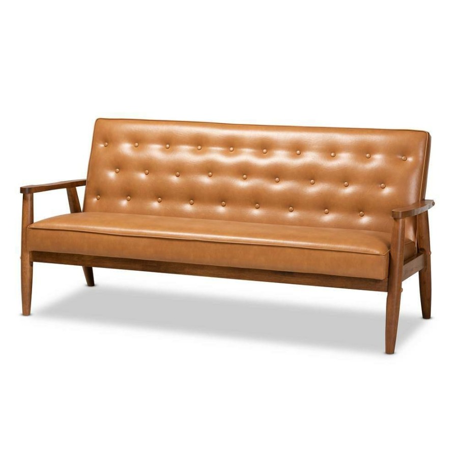 Living Room Furniture * | Sorrento 3-Seat Tan And Walnut Brown Sofa By Baxton Studio