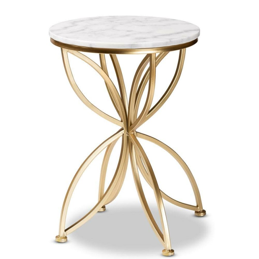 Living Room Furniture * | Jaclyn 15.4 In. White And Gold Round Marble Top End Table By Baxton Studio