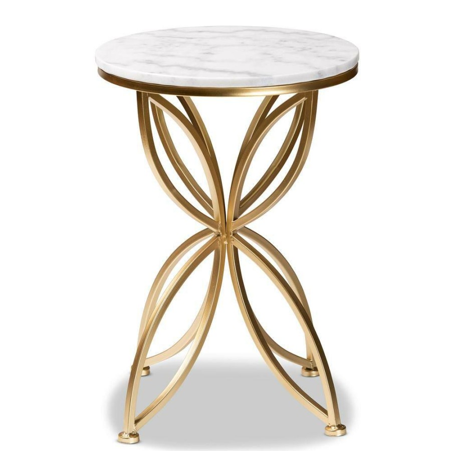 Living Room Furniture * | Jaclyn 15.4 In. White And Gold Round Marble Top End Table By Baxton Studio