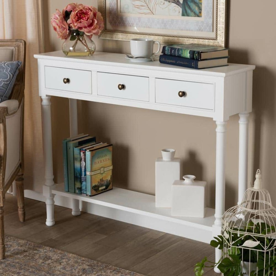 Entryway Furniture * | Calvin 10 In. White Standard Rectangle Wood Console Table With Drawers By Baxton Studio