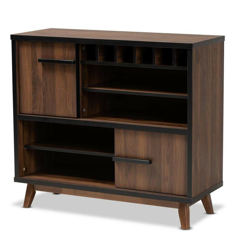 Bar Furniture * | Margo 6-Bottle Walnut And Black Wine Cabinet By Baxton Studio