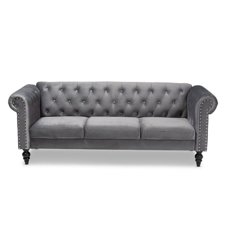 Living Room Furniture * | Emma 83.1 In. Grey/Black Fabric 3-Seater Chesterfield Sofa With Round Arms By Baxton Studio