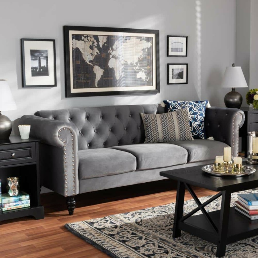 Living Room Furniture * | Emma 83.1 In. Grey/Black Fabric 3-Seater Chesterfield Sofa With Round Arms By Baxton Studio