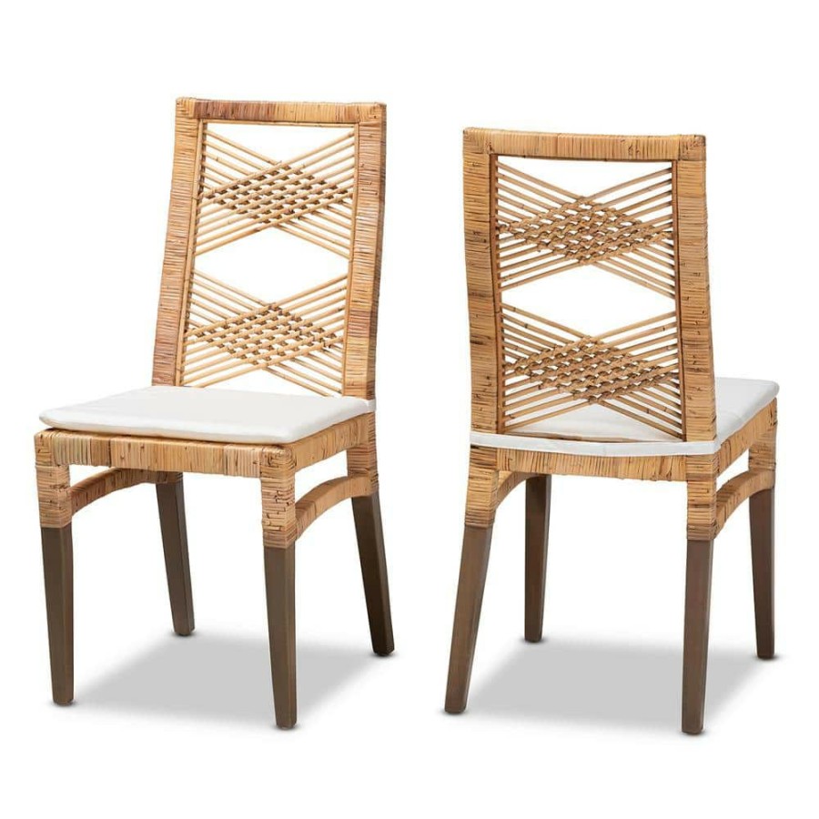 Living Room Furniture * | Poltak White And Natural Brown Dining Chair By Baxton Studio