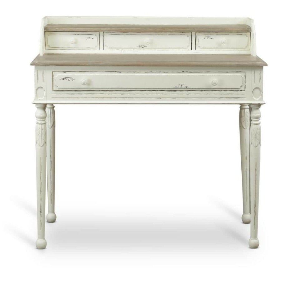 Bar Furniture * | 39.25 In. White/Light Brown Rectangular 4 -Drawer Writing Desk With Distressed Finish By Baxton Studio