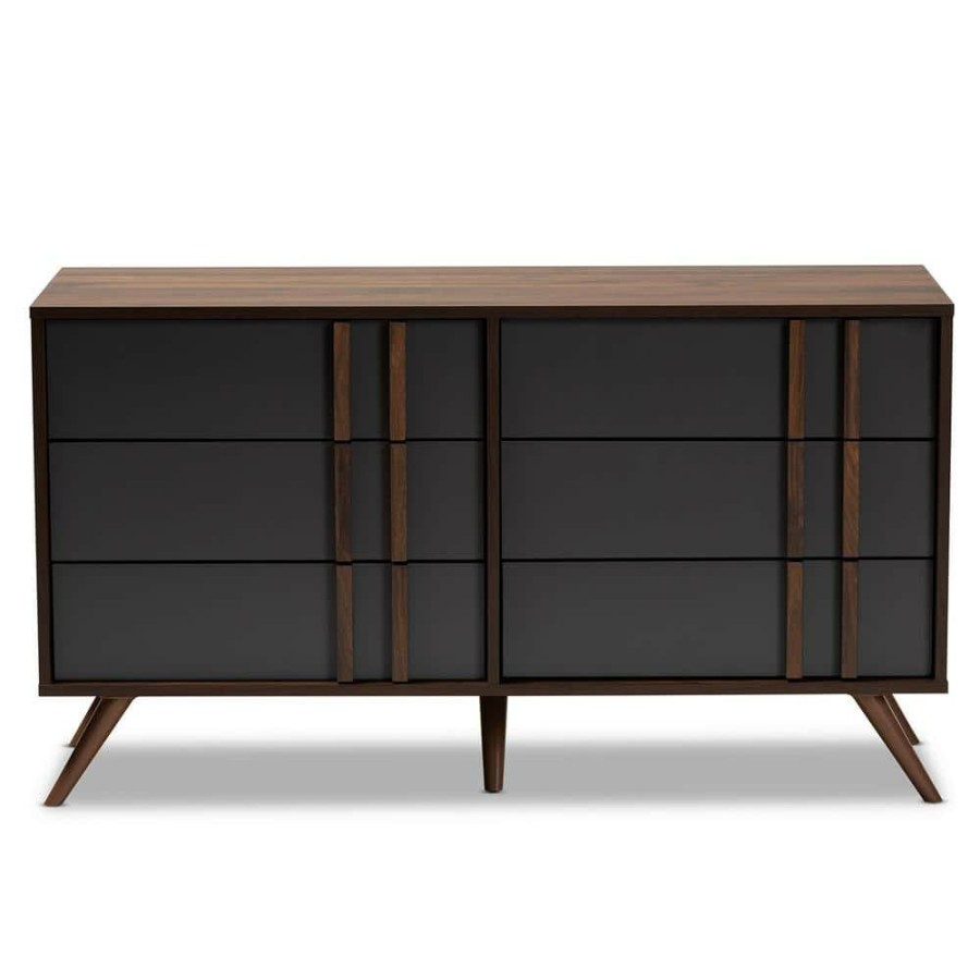 Bedroom Furniture * | Naoki 6-Drawer Grey And Walnut Dresser By Baxton Studio