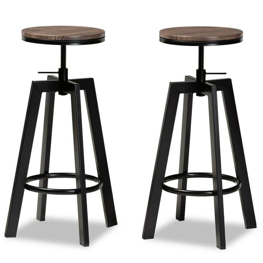 Bar Furniture * | Maritta 29.5 In. Walnut And Black Adjustable Swivel Bar Stool (Set Of 2) By Baxton Studio