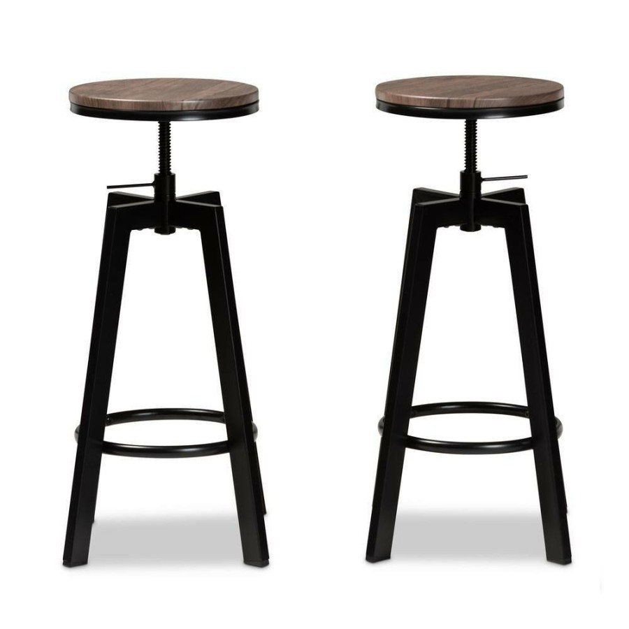 Bar Furniture * | Maritta 29.5 In. Walnut And Black Adjustable Swivel Bar Stool (Set Of 2) By Baxton Studio