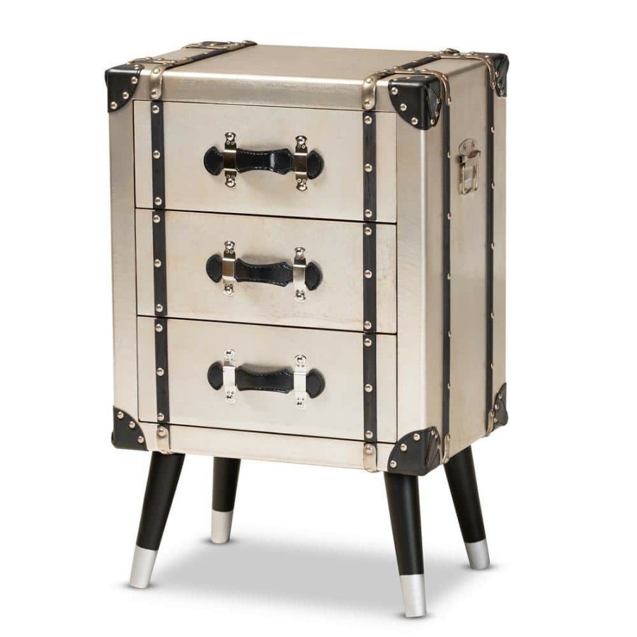 Bedroom Furniture * | Dilan 3-Drawer Silver Trunk Nightstand By Baxton Studio