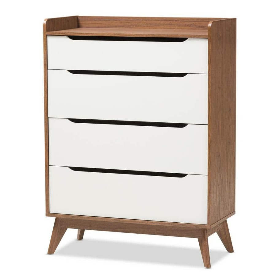 Bedroom Furniture * | Brighton 4-Drawer White And Brown Chest By Baxton Studio