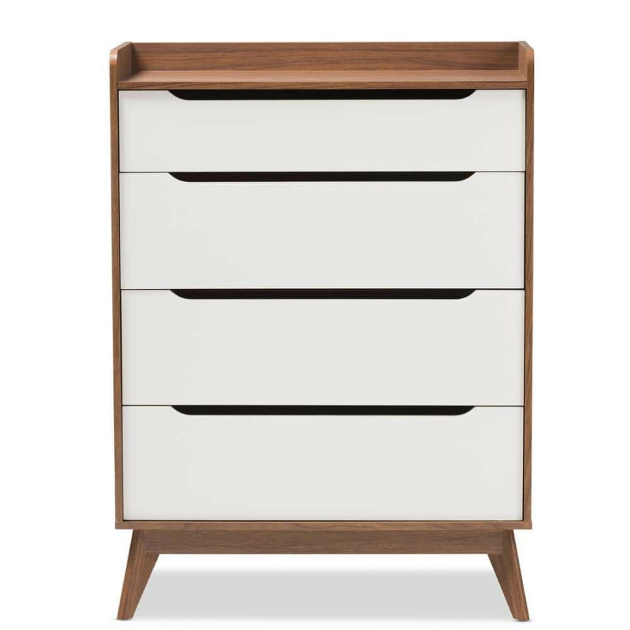 Bedroom Furniture * | Brighton 4-Drawer White And Brown Chest By Baxton Studio