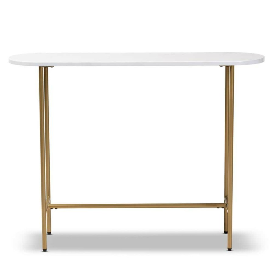 Living Room Furniture * | Samuel 44 In. Gold/White Standard Rectangle Marble Console Table By Baxton Studio