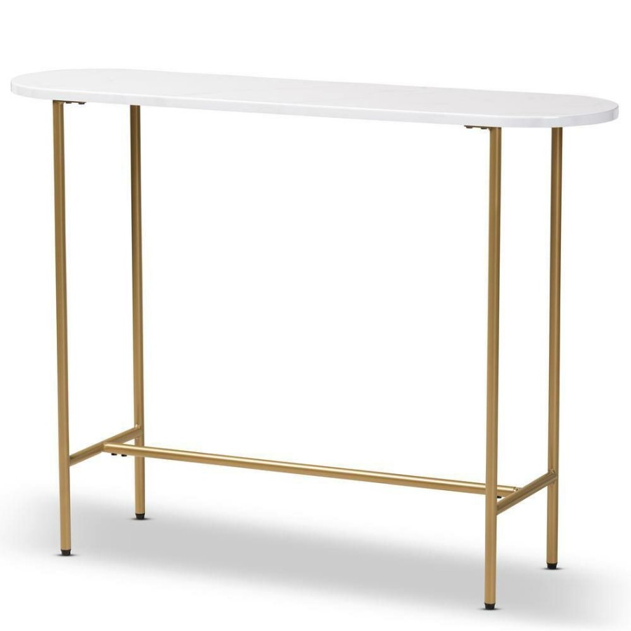 Living Room Furniture * | Samuel 44 In. Gold/White Standard Rectangle Marble Console Table By Baxton Studio