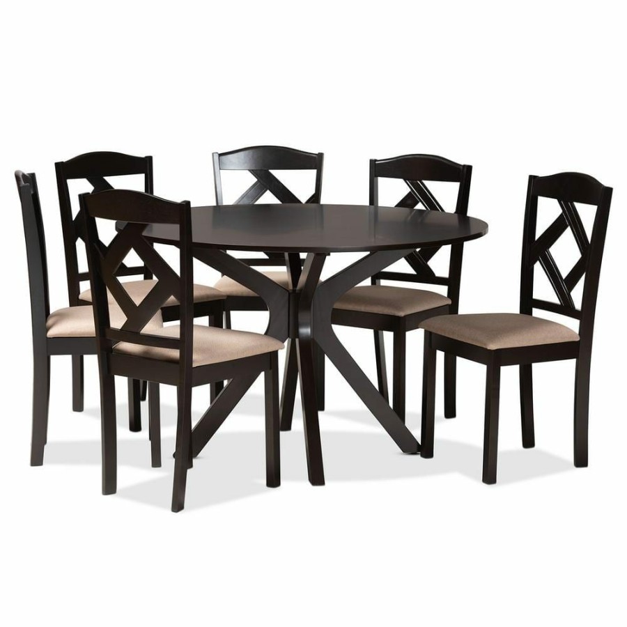 Living Room Furniture * | Carlin 7-Piece Wood Top Sand And Dark Brown Dining Set By Baxton Studio