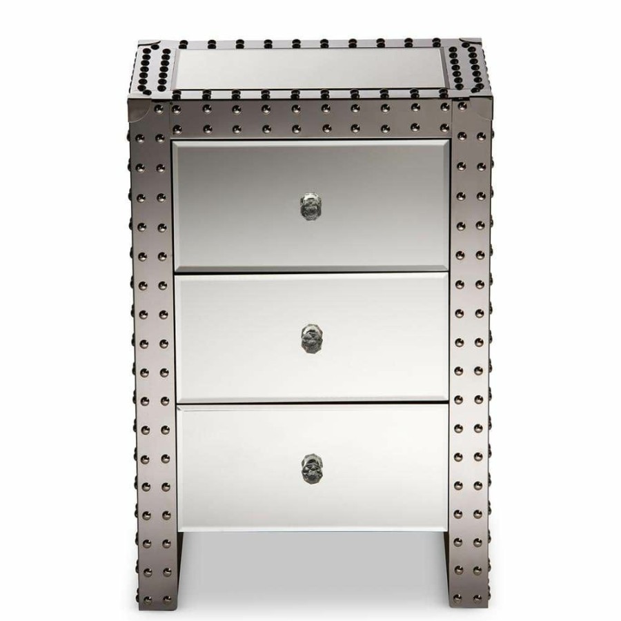 Bedroom Furniture * | Azura 3-Drawer Silver Mirrored Nightstand By Baxton Studio