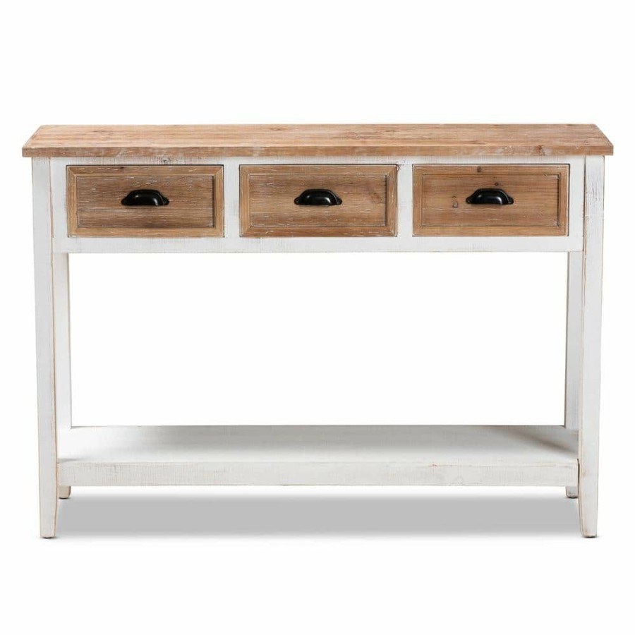 Entryway Furniture * | Benedict 47.2 In. White And Oak Rectangle Wood Console Table By Baxton Studio