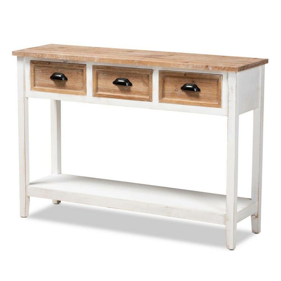 Entryway Furniture * | Benedict 47.2 In. White And Oak Rectangle Wood Console Table By Baxton Studio